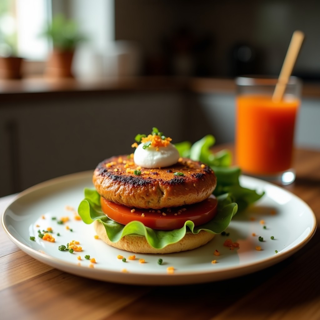 Hamburguesas veganas de lentejas corail y remolacha ultra jugosas, doradas y crujientes por fuera, servidas en pan integral con aguacate y hojas verdes, cocinadas en airfryer.