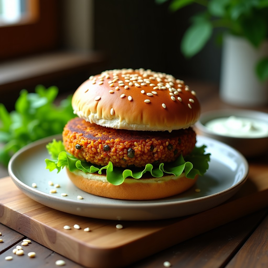 Hamburguesa de lentejas dorada con semillas de sésamo tostadas en la superficie, corazón crujiente y textura jugosa, servida sobre pan integral con hojas de lechuga fresca.