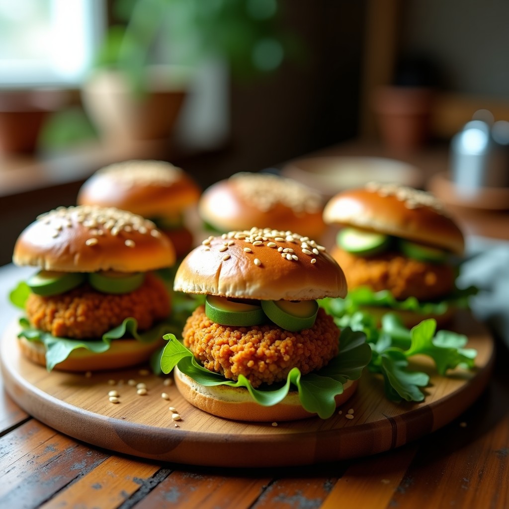 Hamburguesas de lentejas doradas y crujientes servidas en pan integral con aguacate y hojas de lechuga, receta express en airfryer.
