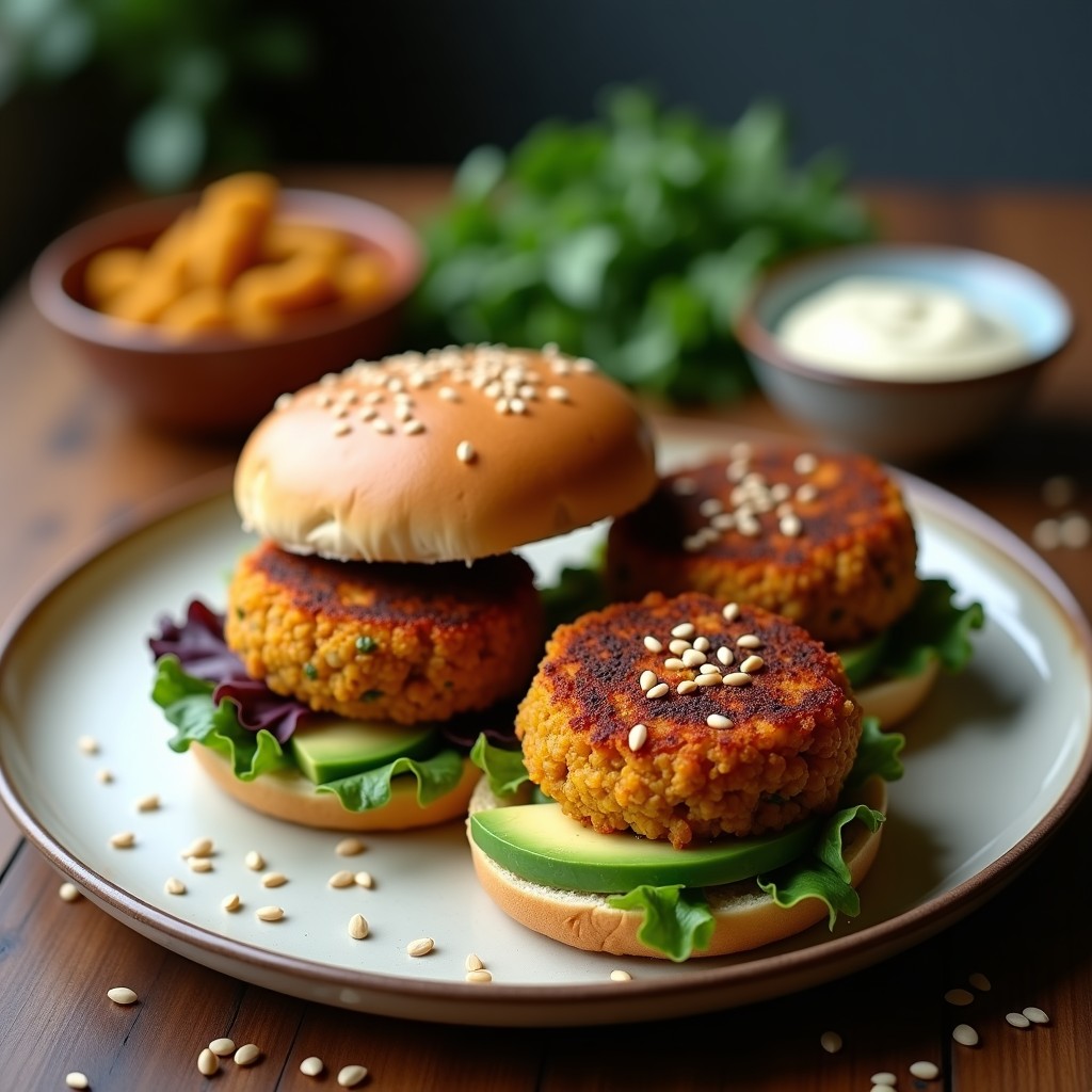 Hamburguesas veganas doradas de lentejas y corazón de palma, crujientes por fuera y jugosas por dentro, servidas en pan integral con aguacate y lechuga, receta airfryer sin aceite.
