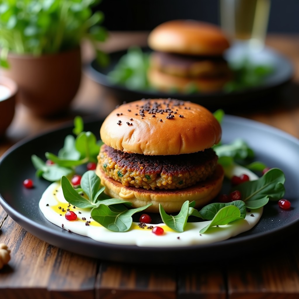 Hamburguesa vegana gourmet de lentejas con corazón de trufa negra, dorada por fuera y jugosa por dentro, servida sobre hoja de lechuga con salsa de yogur y hierbas frescas.