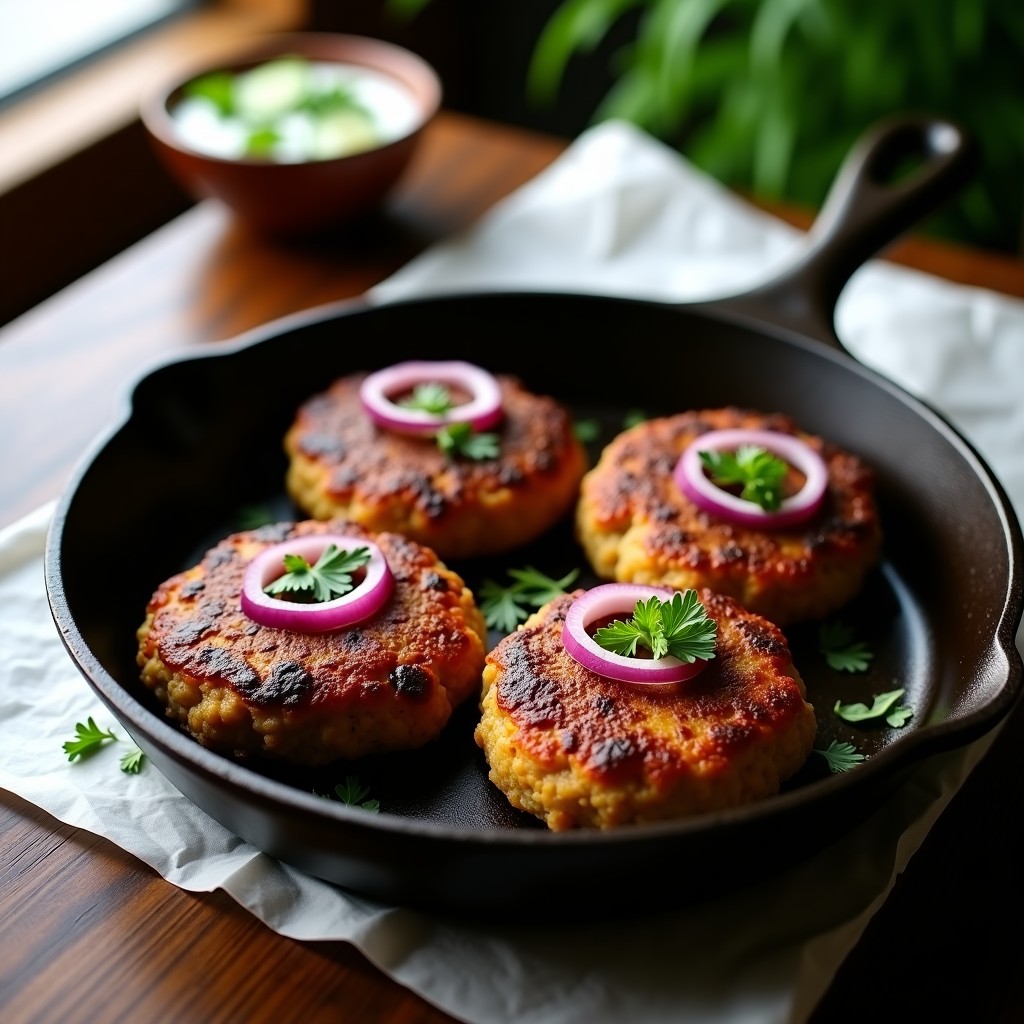 Hamburguesas de lentejas doradas y crujientes en un corral de hierro, con textura jugosa por dentro, servidas sobre papel de horno con rodajas de cebolla morada y perejil fresco.