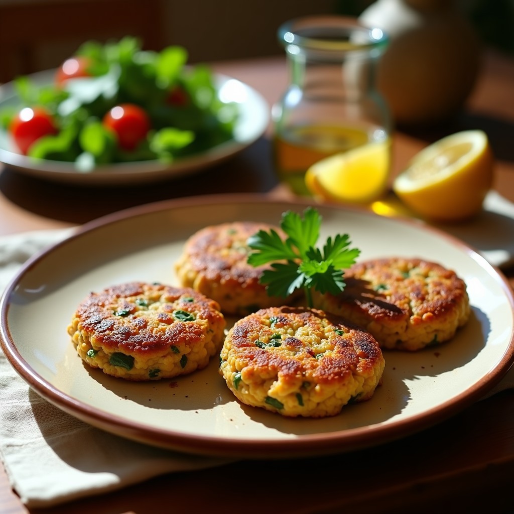 Hamburguesas doradas de lentejas a la corrala andaluza, con textura crujiente por fuera y jugosa por dentro, servidas sobre un plato rústico con ensalada fresca y limón.