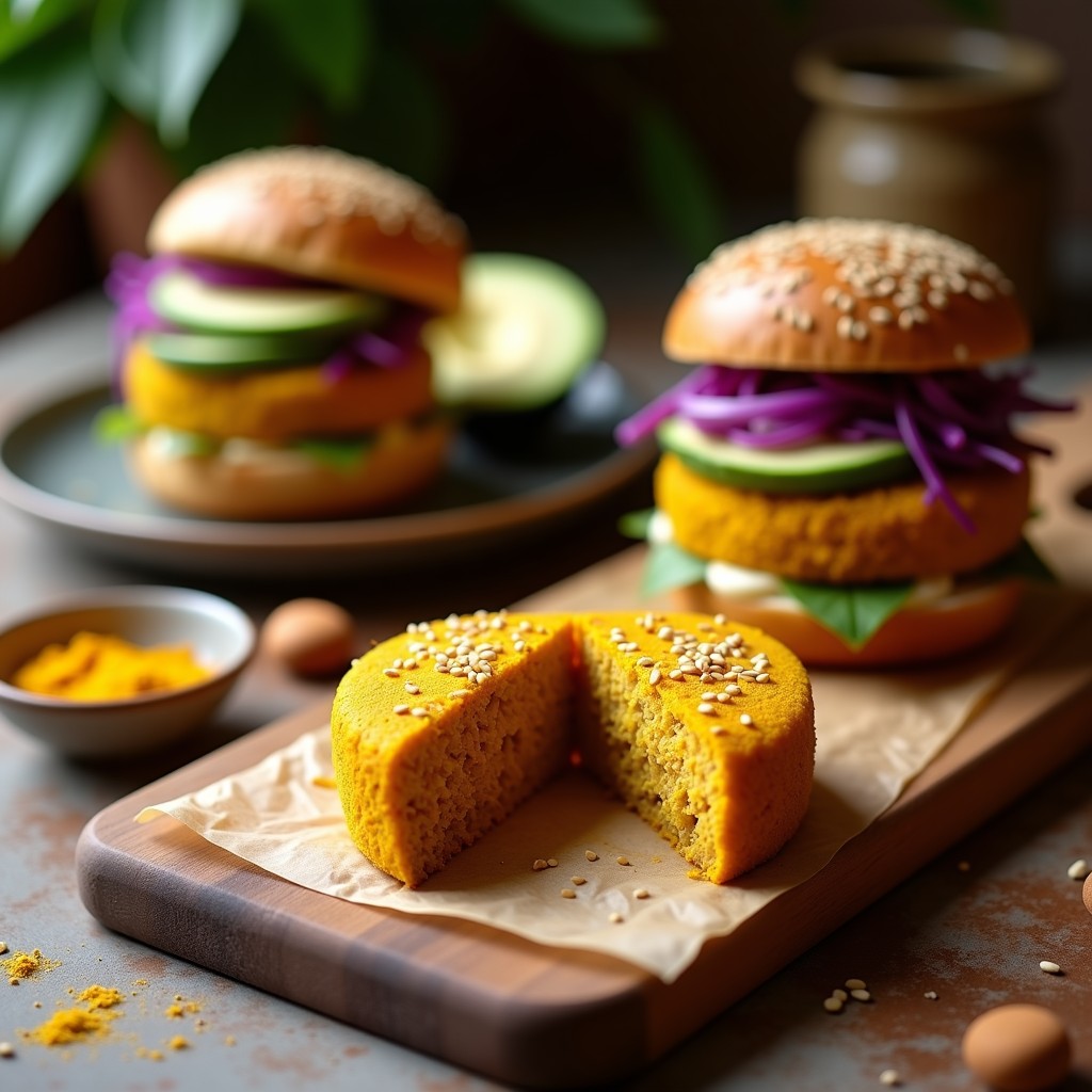 Hamburguesas veganas de lentejas y cúrcuma doradas al horno, con semillas de sésamo, servidas en pan integral con aguacate y lechuga.