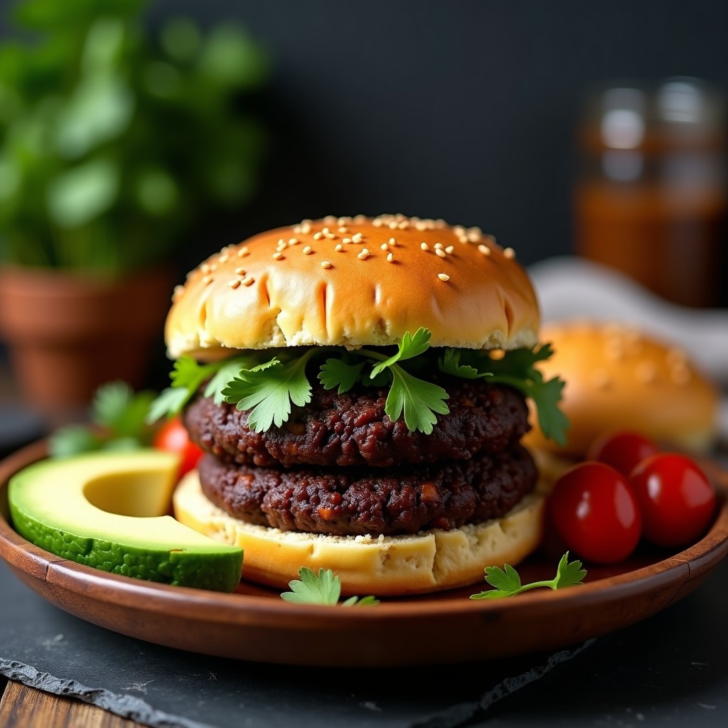 Hamburguesas de lentejas negras y batata morada con pan de coliflor dorado, servidas en un plato rústico con hojas de cilantro fresco. Receta keto y sin gluten, alta en proteína y baja en carbohidratos.