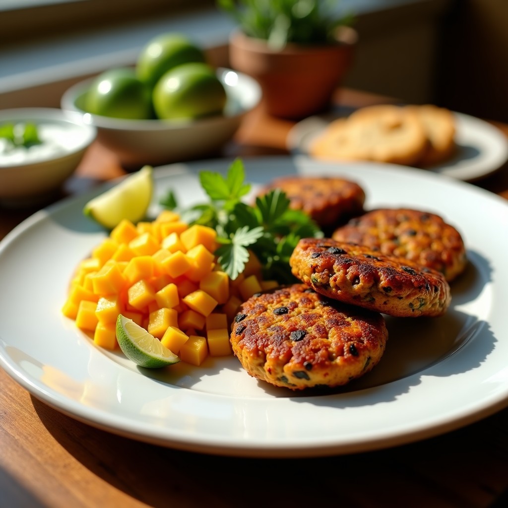 Hamburguesas de lentejas negras y ñame doradas y crujientes servidas en un plato de madera con hoja de plátano, acompañadas de rodajas de mango fresco y salsa de habanero. Receta vegana en airfryer con toque caribeño.