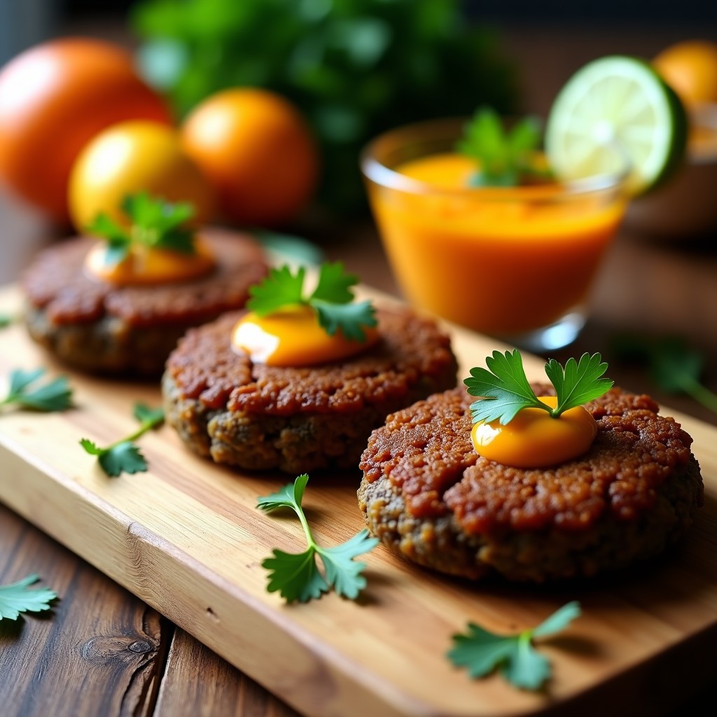 Hamburguesas veganas de lentejas negras y ñame doradas al horno, servidas con salsa de mango fresca y anacardos tostados sobre un plato de cerámica blanca con fondo rústico.