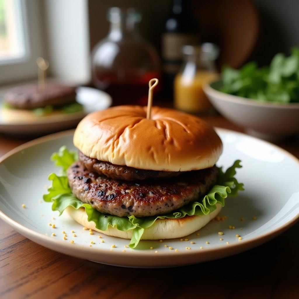 Hamburguesas veganas doradas de lentejas negras y champiñones portobello servidas en pan integral con aguacate y lechuga, receta olla express alta en proteína.