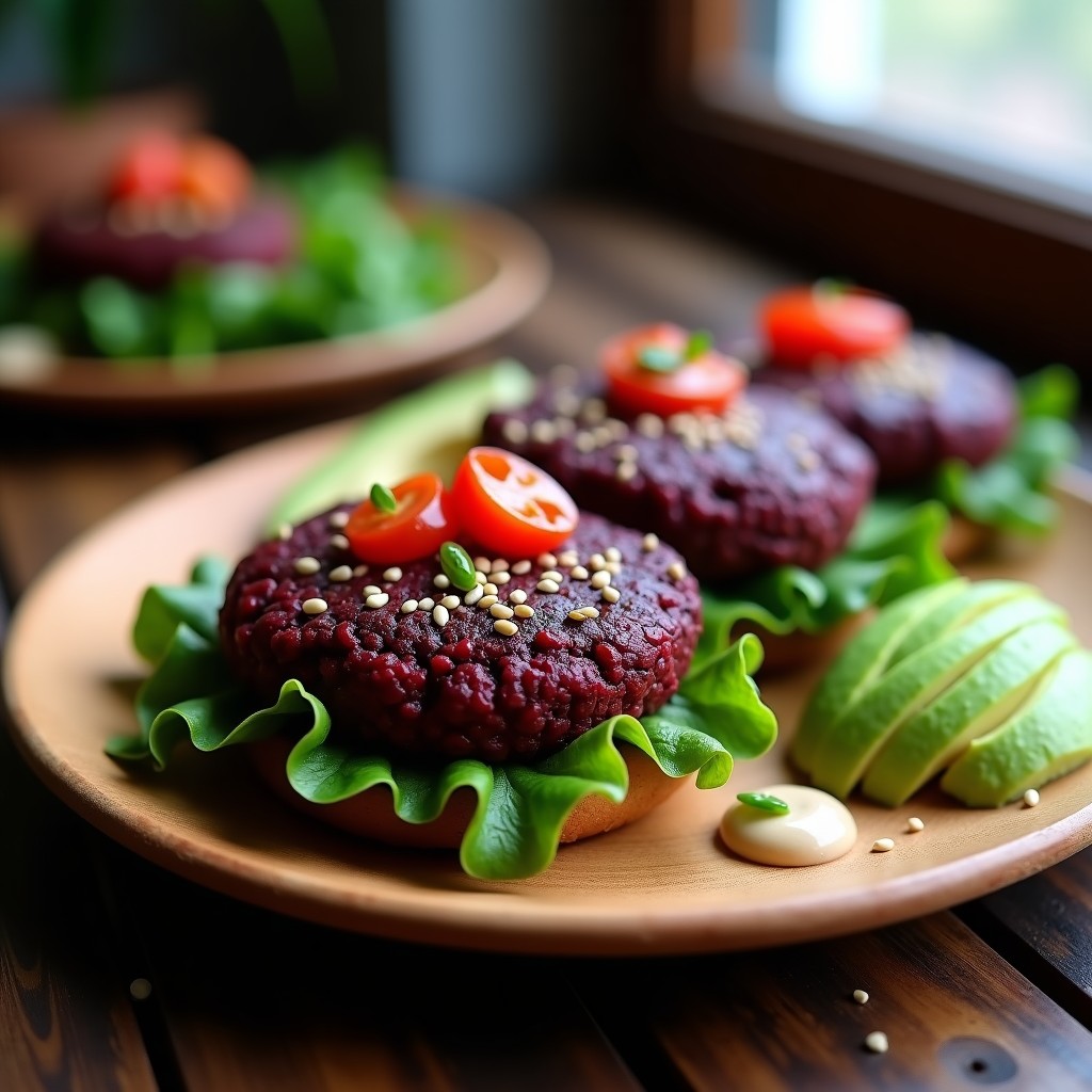 Hamburguesas veganas de lentejas negras y remolacha en Thermomix, con toques terrosos, doradas por fuera y jugosas por dentro, servidas sobre un plato de madera con ensalada verde y semillas de sésamo.