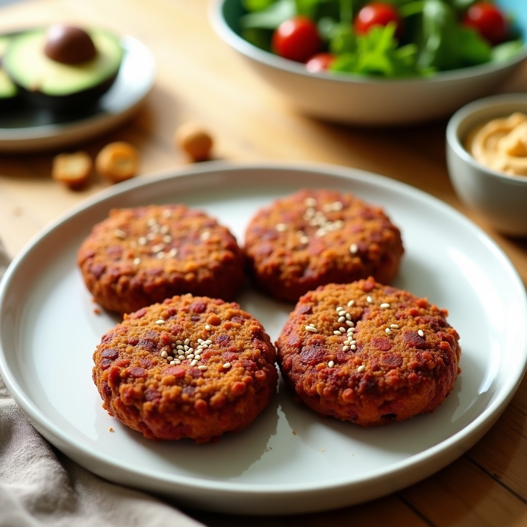 Hamburguesas de lentejas y remolacha con pan de arroz inflado doradas y crujientes, servidas en un plato de madera con semillas de sésamo tostadas, acompañadas de hojas de lechuga morada y rodajas de aguacate, receta vegana y alta en proteína.