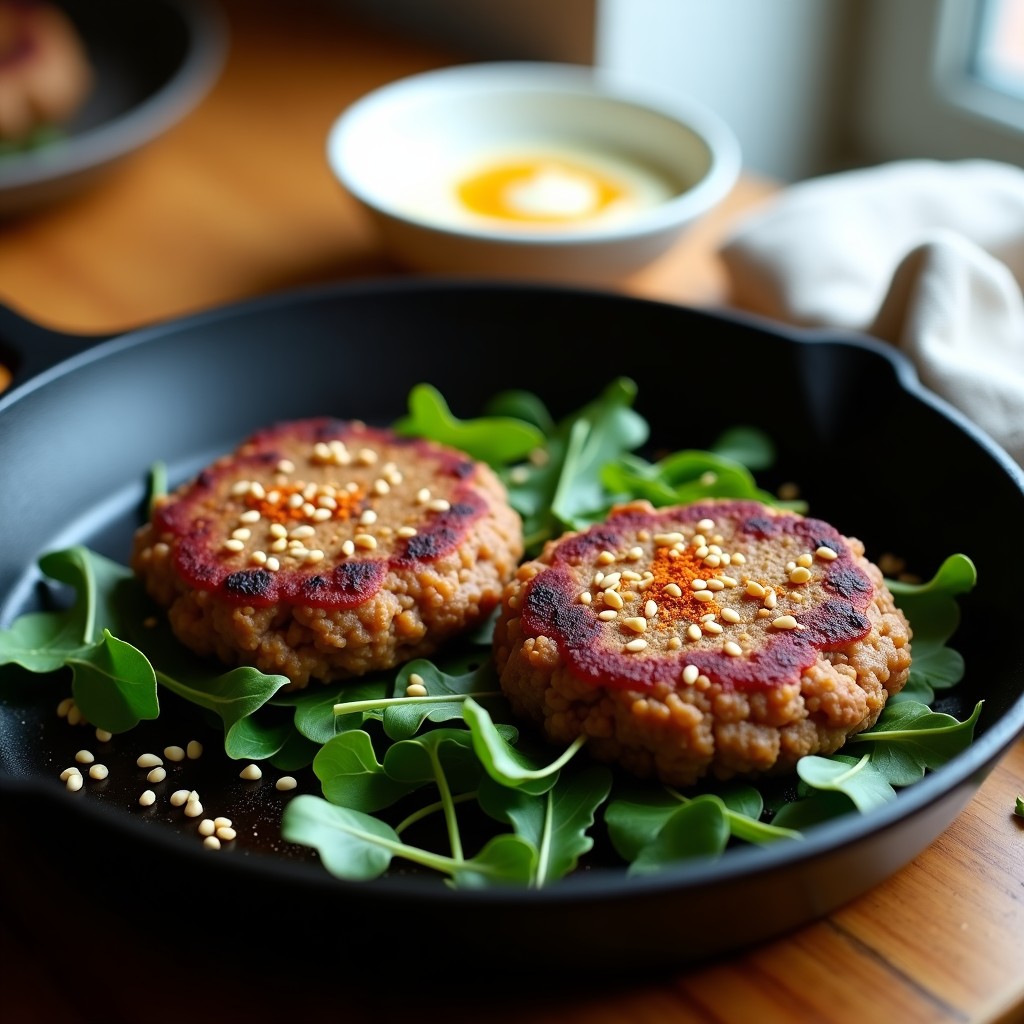 Hamburguesas veganas de lentejas y remolacha doradas a la plancha, servidas sobre una base de hojas verdes con salsa de yogur cremosa y semillas de sésamo. Plato colorido y saludable, ideal para recetas sin gluten.