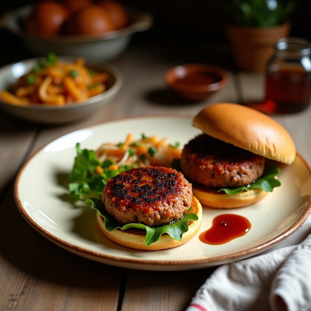 Hamburguesas veganas de lentejas rojas y zanahoria en Thermomix, con salsa de ajo negro, servidas sobre pan integral con hojas de lechuga y rodajas de tomate.