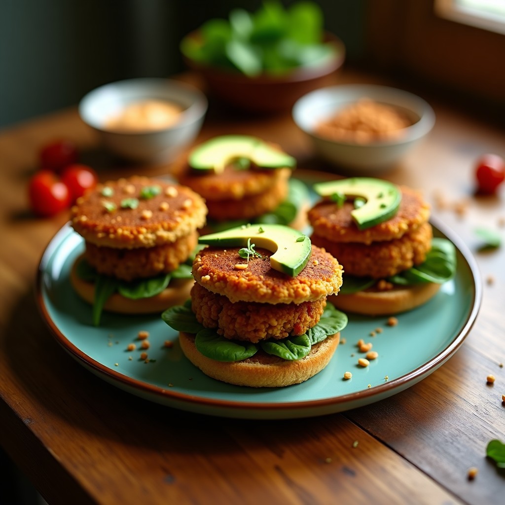 Hamburguesas de lentejas veganas doradas y crujientes servidas en pan integral con aguacate y hojas verdes, receta en airfryer.