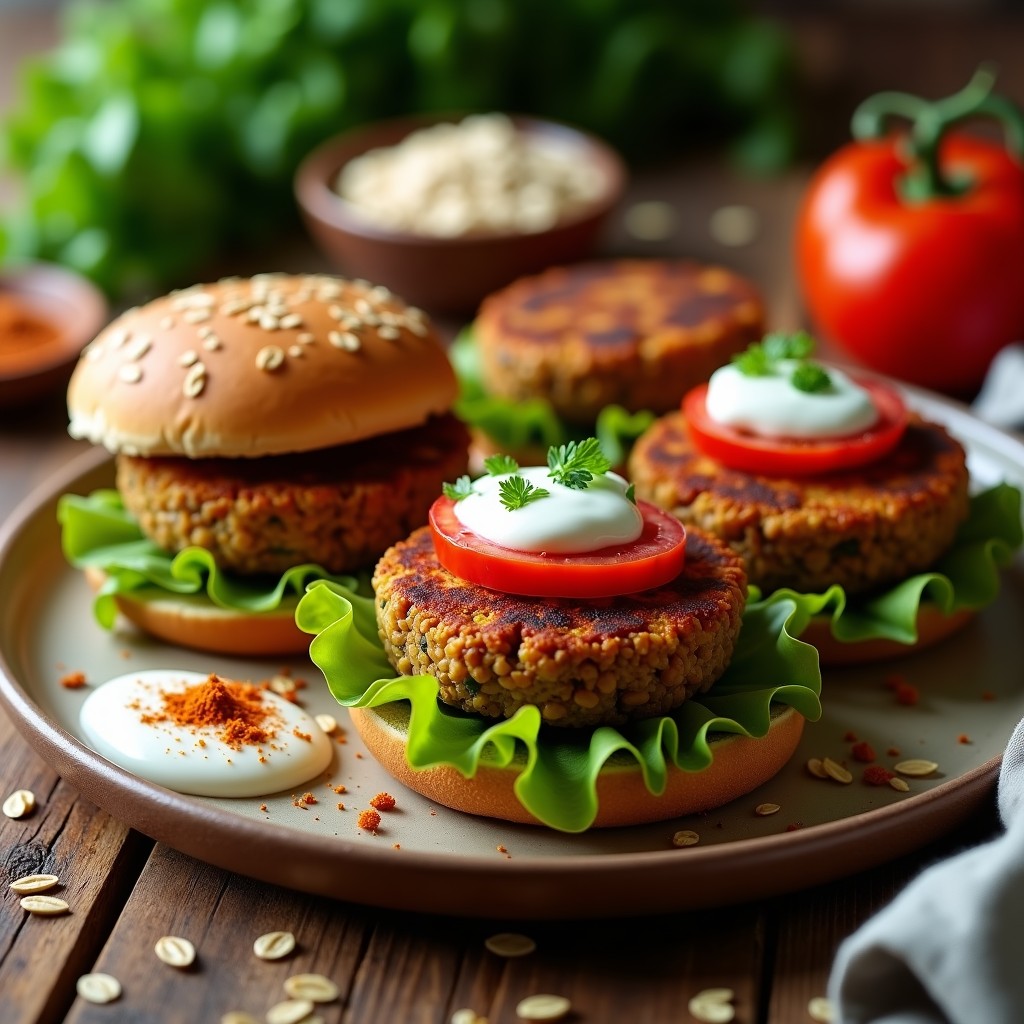 Hamburguesas de lentejas veganas al horno, doradas y crujientes, servidas en pan integral con lechuga, tomate y salsa de yogur vegano.