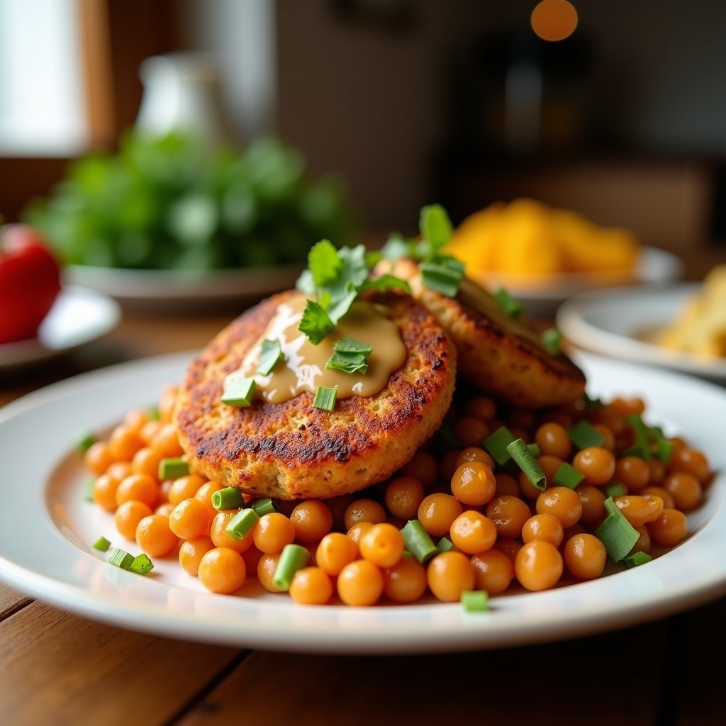 Hamburguesas veganas marinas de Lustro y garbanzos en Airfryer, doradas y crujientes, servidas sobre hojas de lechuga romana con salsa de limón cremosa, aguacate en cubos y pan de trigo sarraceno al fondo.