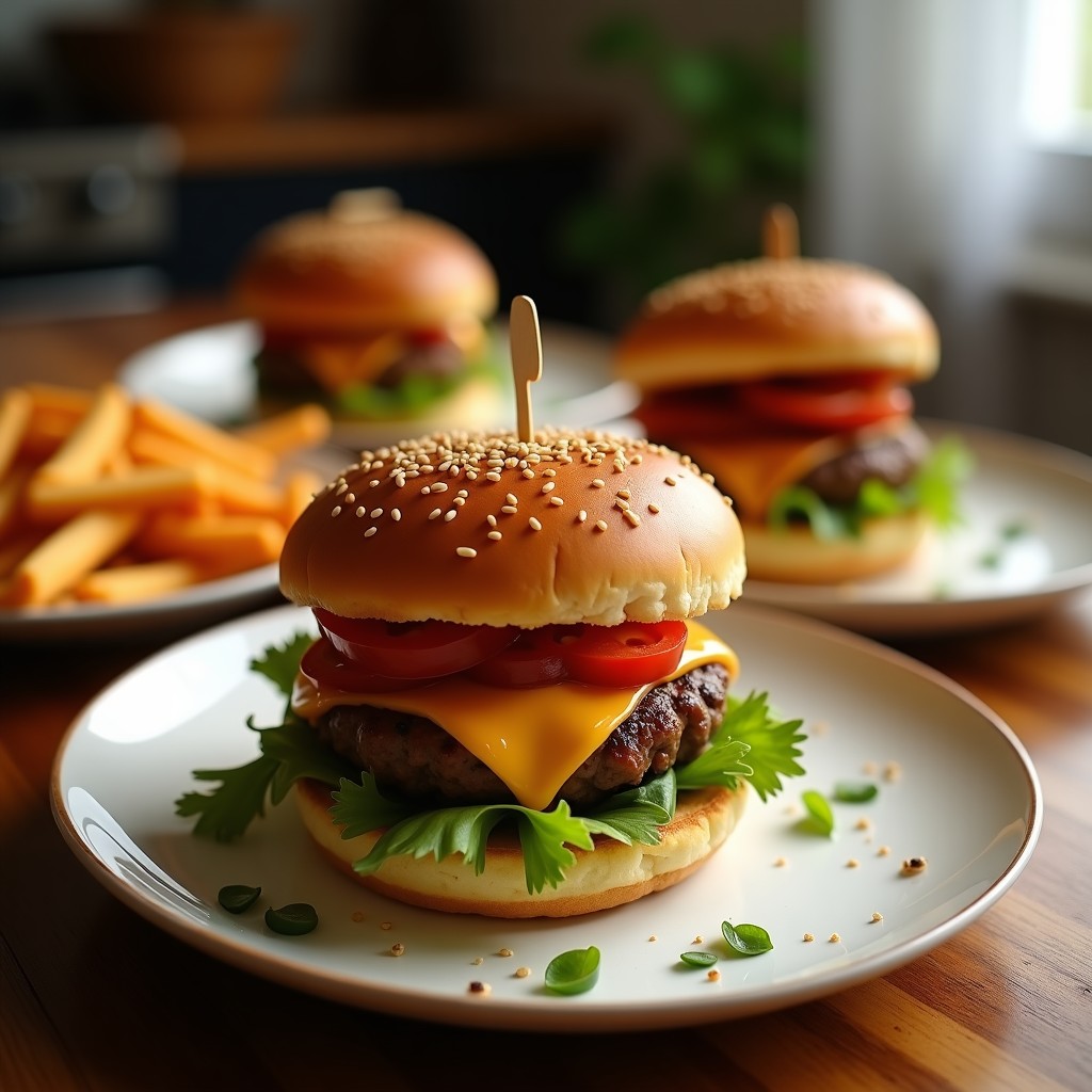Hamburguesas veganas de color verde azulado por el alga Merlin, con zanahoria visible en su interior, servidas en pan de lino dorado y crujiente, acompañadas de lechuga morada, tomate, aguacate y salsa de tahini. Plato saludable alto en Omega-3 preparado en Airfryer.