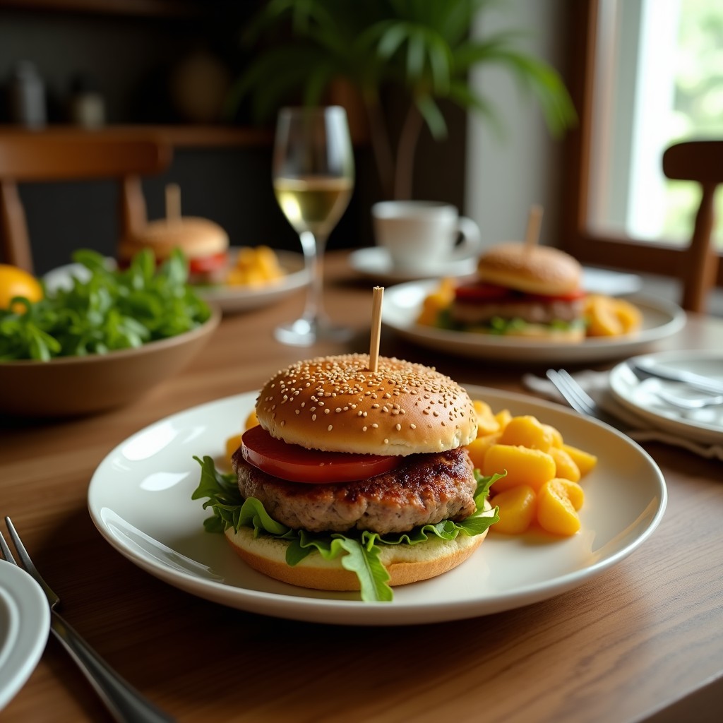 Hamburguesas doradas y crujientes de merluza y patata servidas en un plato blanco, con un fondo de ensalada verde y gajos de limón, receta española en airfryer.