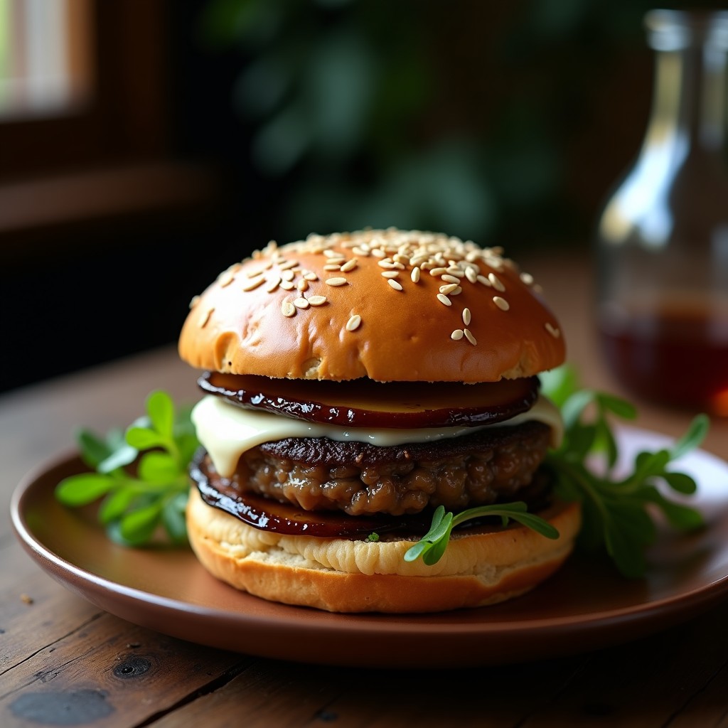 Hamburguesa gourmet con pan de avena dorado, rellena de láminas de portobello asado, cebolla morada caramelizada y queso azul derretido, servida en plato de madera rústico con fondo borroso.