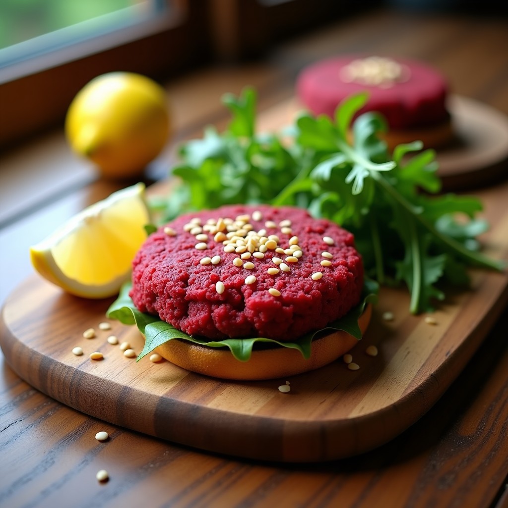 Hamburguesas veganas de crystallisation de proteína de guisante y remolacha, doradas por fuera y jugosas por dentro, servidas en un plato de madera con ensalada fresca y aderezo cremoso.