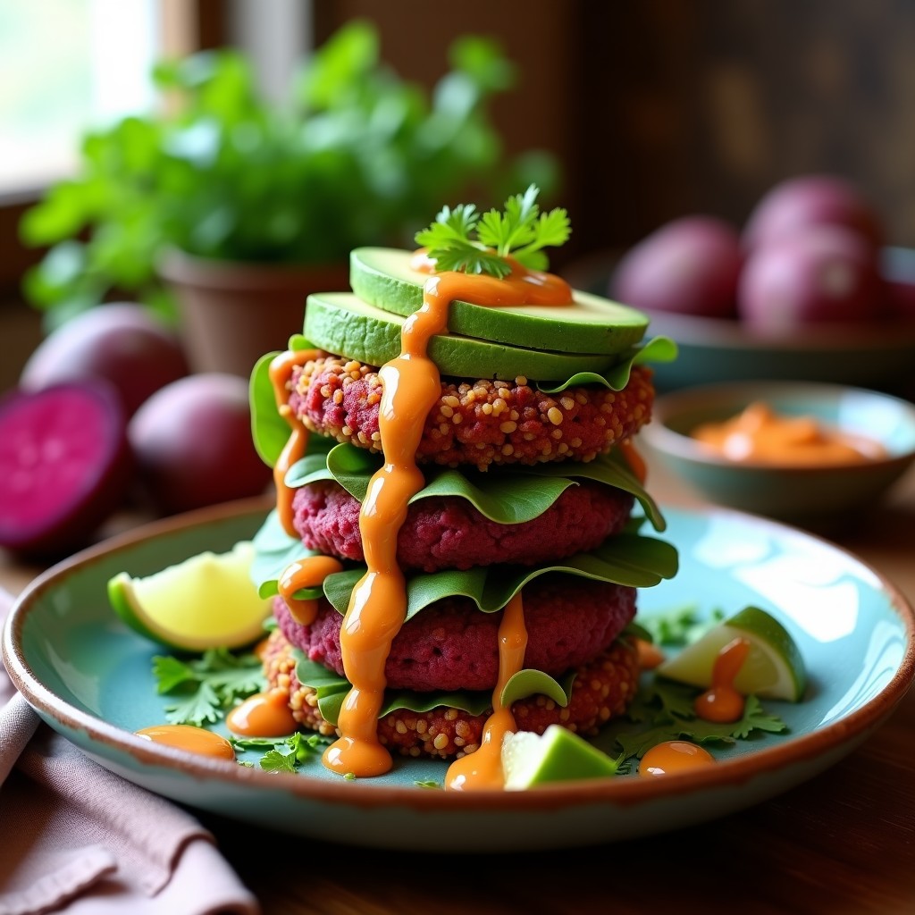 Hamburguesas veganas de quinoa y betabel doradas, apiladas con salsa de chipotle cremosa, hojas de lechuga fresca y rodajas de aguacate sobre un plato de barro. Fondos borrosos de ingredientes como betabel, cilantro y limón.
