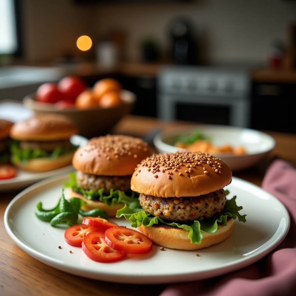 Hamburguesas veganas de quinoa y remolacha con crujiente dorado servidas en plato blanco, acompañadas de hojas de rúcula y rodajas de aguacate, receta airfryer.