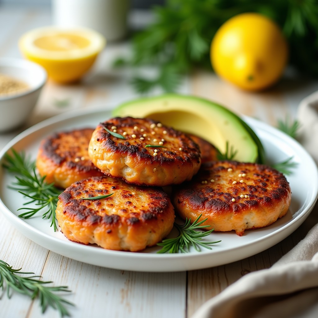 Hamburguesas doradas de salmón ahumado y eneldo keto en airfryer, servidas sobre hojas de lechuga con rodajas de limón y eneldo fresco, fondo de madera rústica.