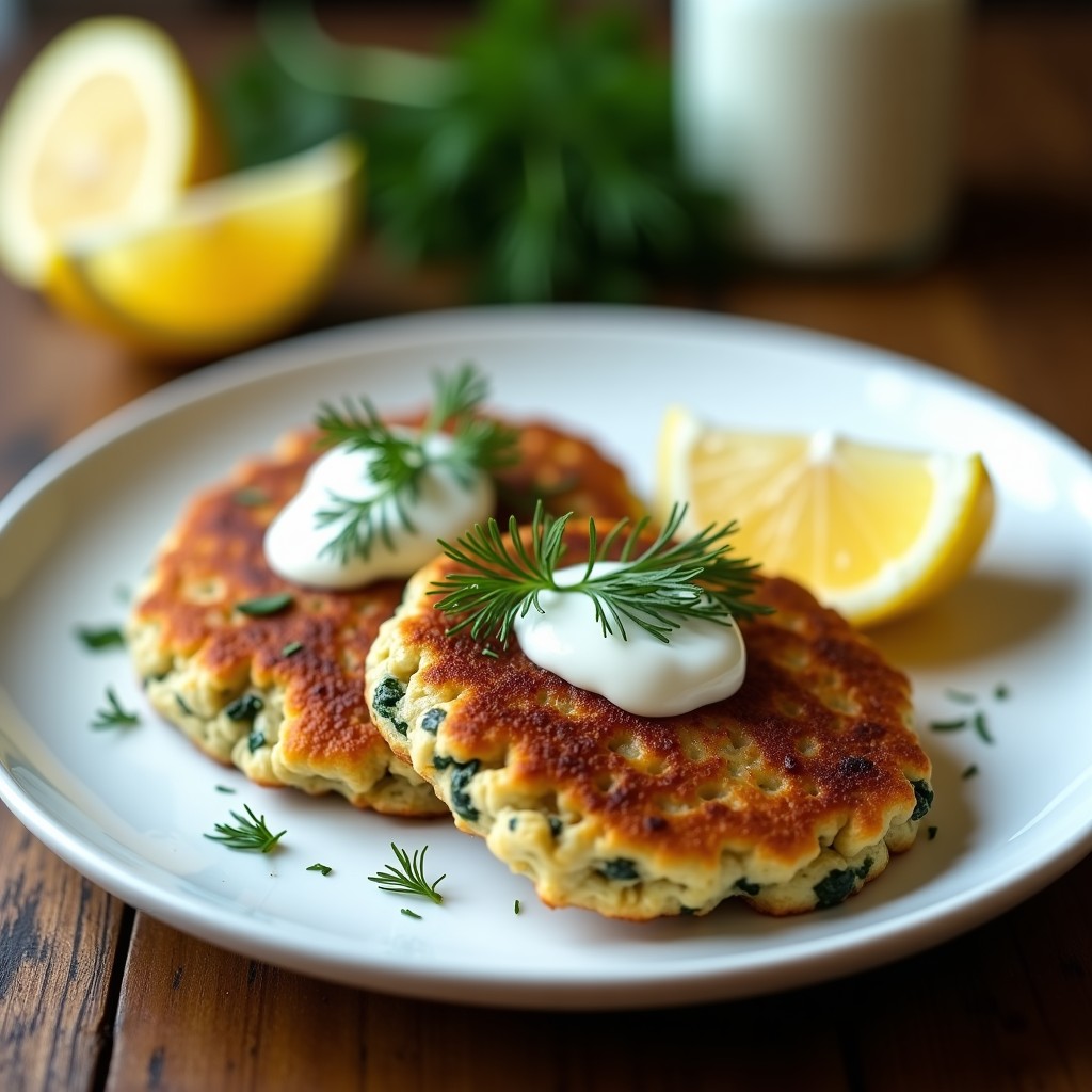 Hamburguesas doradas de salmón y espinacas servidas en un plato blanco con salsa cremosa de yogur y eneldo, decoradas con hojas de espinaca fresca y rodajas de limón, receta en airfryer.
