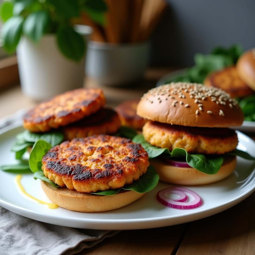Hamburguesas doradas de salmón y espinacas servidas en panes de semillas de lino tostados, acompañadas de hojas de espinaca fresca y cebolla morada en rodajas. Plato keto en airfryer con fondo de cocina moderna.