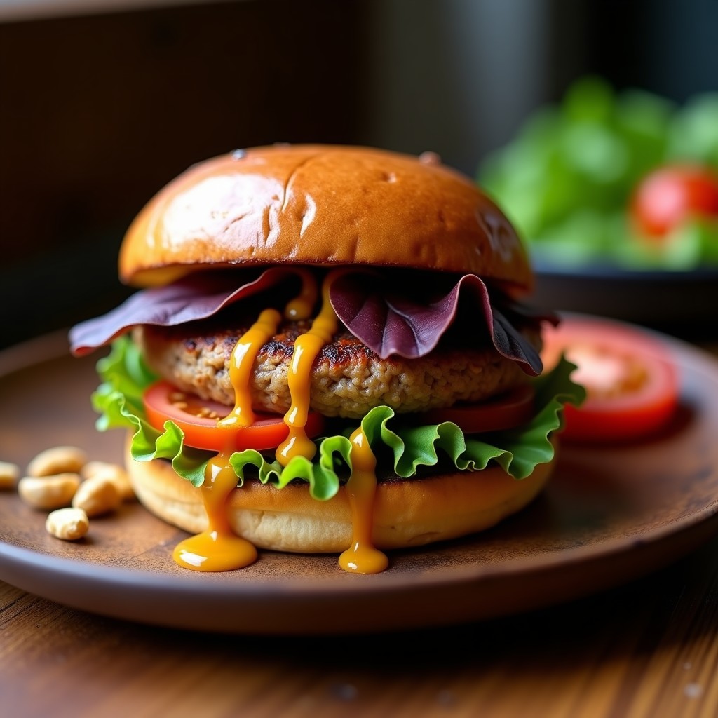 Hamburguesa vegana gourmet con base de shitake y walnuts, dorada y jugosa, servida en pan negro con lechuga morada, tomate y salsa de mostaza y miel brillante. Plato rústico de madera con fondo desenfocado.