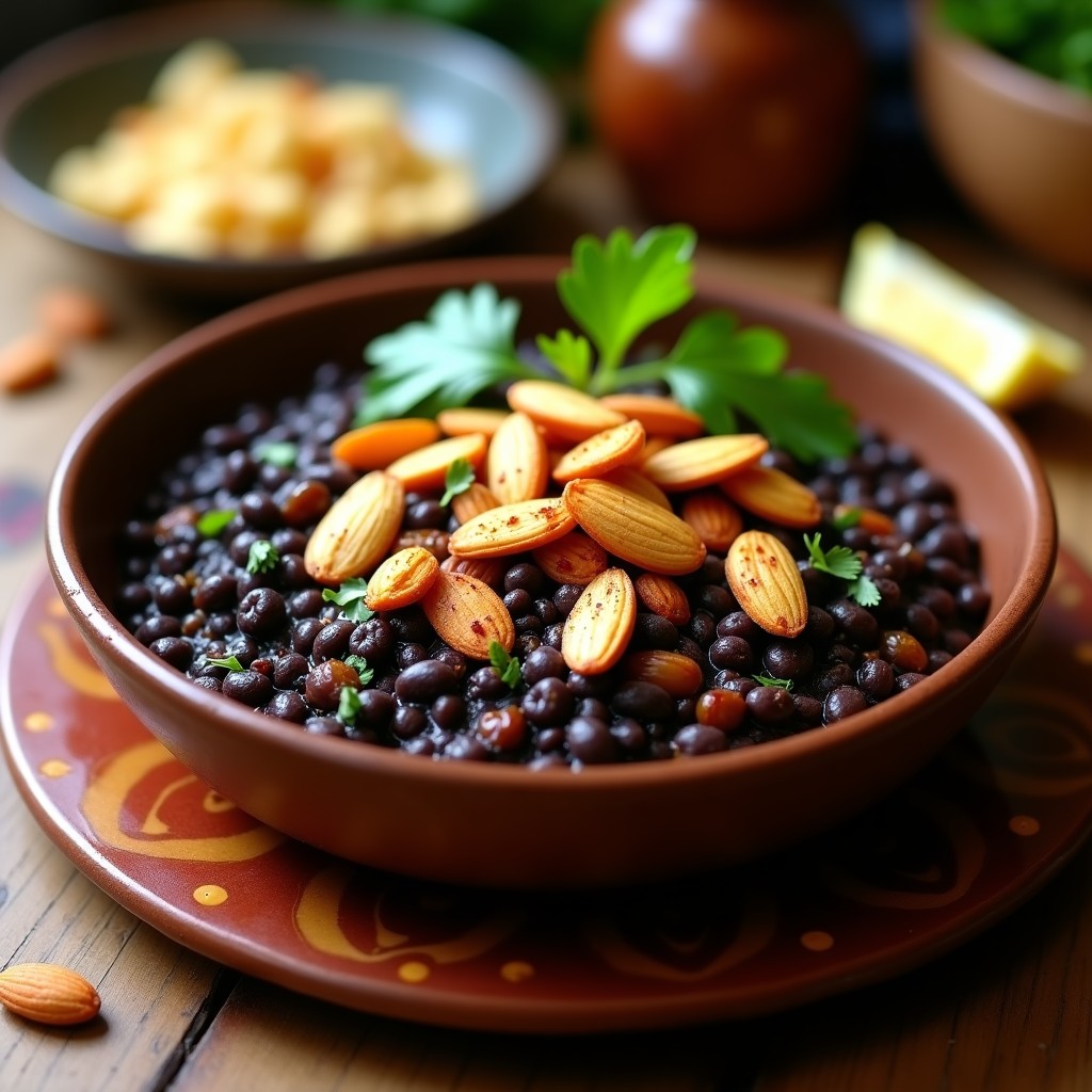 Plato hondo de cerámica blanca con Harrissa de Lentejas Beluga de color oscuro, decorada con crujiente de almendras doradas y cilantro fresco. Fondo con especias y rodaja de limón.