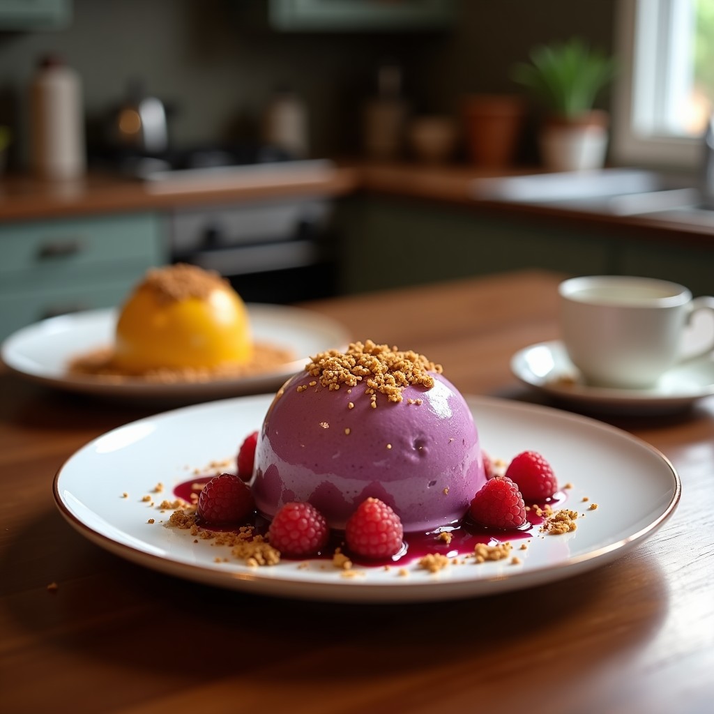Copa de helado morado intenso de açaí y arándanos, coronado con granola dorada de chía y almendras, servido en bowl de cerámica blanca con fondo de madera rústica. Postre antioxidante sin lácteos.
