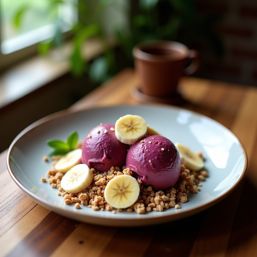 Helado de açaí y banana en bol de cerámica blanca, con textura cremosa y color morado intenso, coronado por granola de coco dorada y crujiente. Al fondo, copos de coco y hojas de menta para decoración.