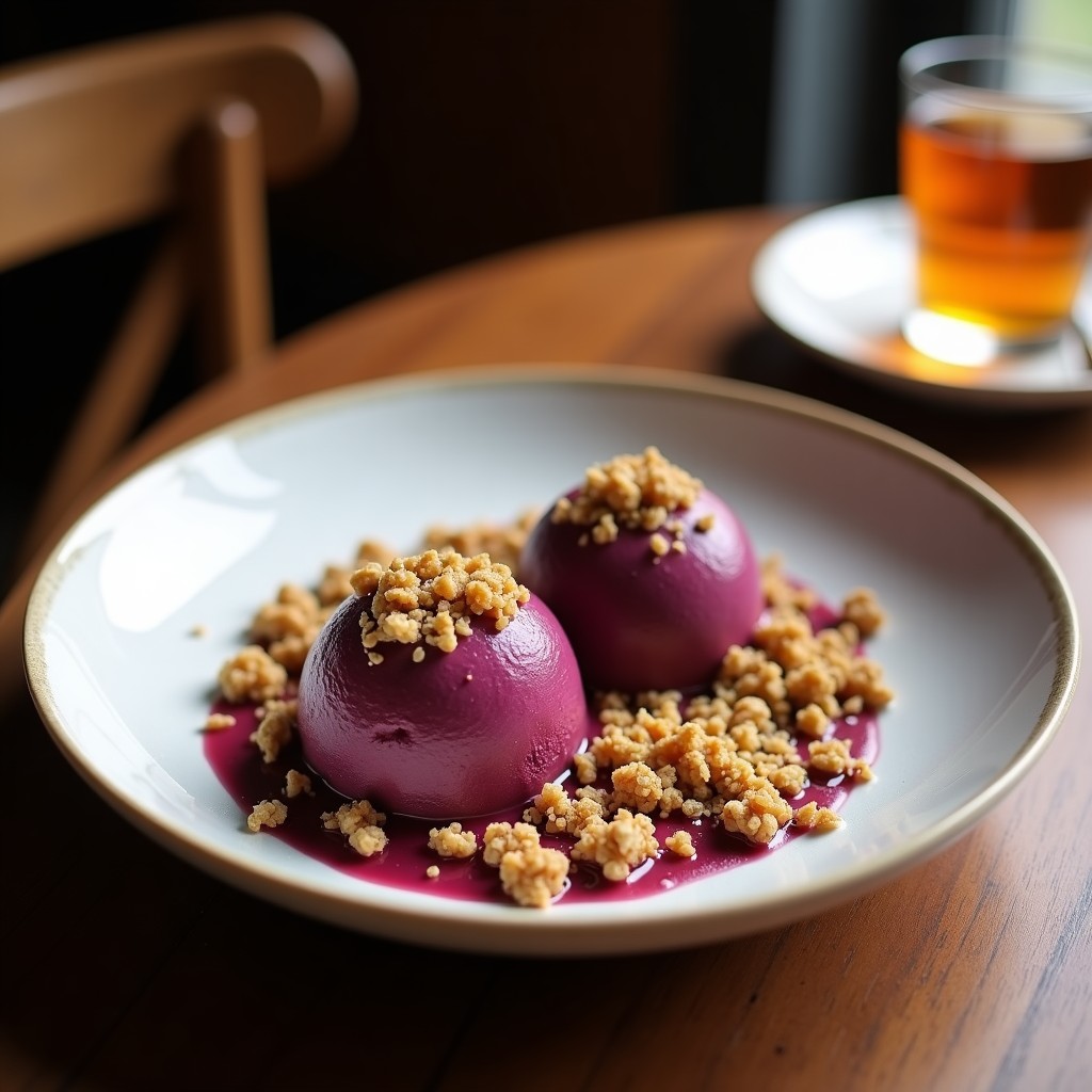 Helado cremoso de açaí y leche de tigre en un bol de cerámica blanca, coronado con granola dorada de quinoa y especias, decorado con virutas de coco y una rodaja de limón verde al lado. Postre vegano antioxidante en tono morado intenso.