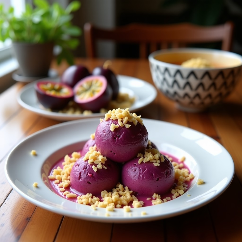 Copa de helado cremoso de color morado oscuro (açaí) con vetas amarillas (maracuyá), coronado con crunch de coco dorado y tostado. Postre brasileño sin azúcar servido en un cuenco de cerámica blanca sobre fondo rústico de madera.