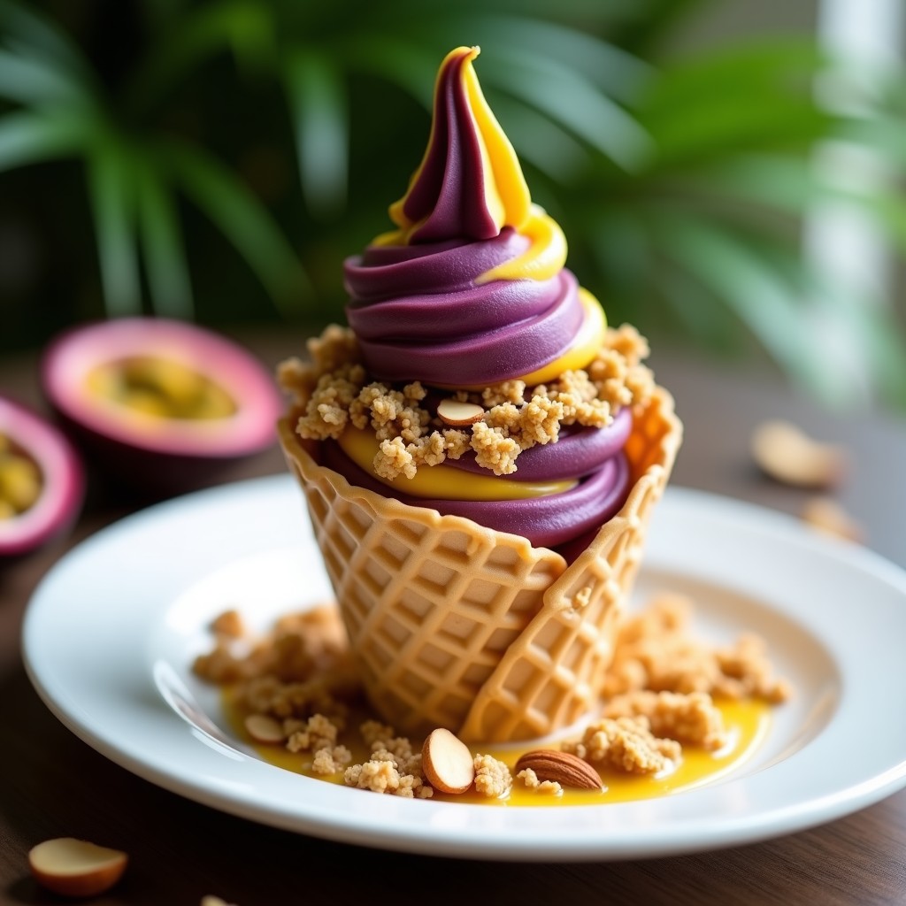 Cucurucho de helado cremoso de color morado intenso (açaí) con vetas amarillas (maracuyá), cubierto de granola dorada de quinoa, almendras y semillas de chía, servido sobre un plato blanco con fondo de hojas de palma tropical.
