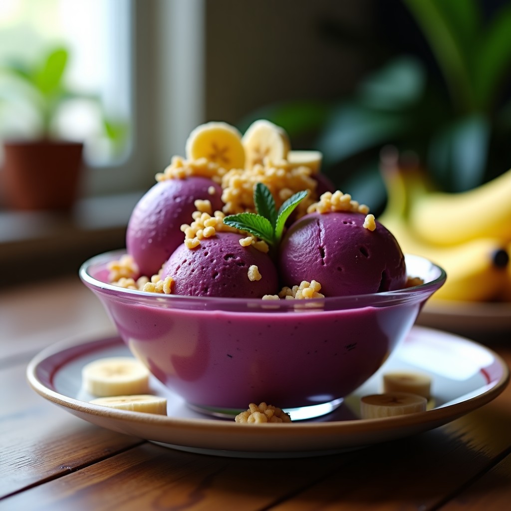 Copa de cristal transparente con helado de açaí y plátano de color morado intenso, coronado con crujiente de quinoa dorada. Fondo borroso con hojas de menta y trozos de plátano fresco como decoración. Postre vegano sin lácteos en 3 ingredientes.