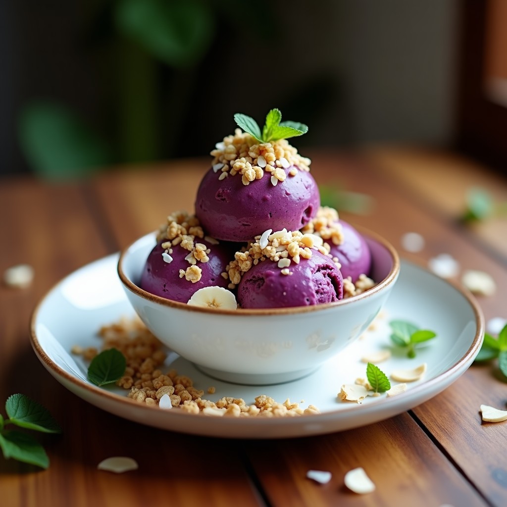 Cuenco de cerámica blanca con helado de açaí y plátano vegano sin azúcar, cubierto de granola crujiente, coco rallado y almendras fileteadas. Fondo de madera rústica con hojas de menta como decoración.