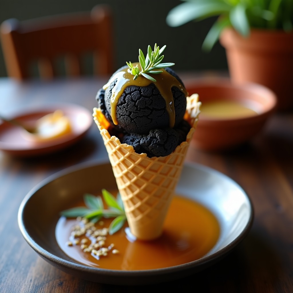 Cucurucho de barquilla dorada con helado de aceituna negra y miel de tomillo, textura cremosa y color negro intenso contrastado con vetas doradas de miel. Decorado con una hoja de tomillo fresco y un hilo de miel sobre fondo rústico de madera oscura, estilo griego tradicional.