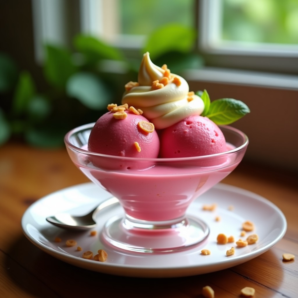 Copa de cristal transparente con helado de acerola y albahaca de color rosado intenso, base cremosa de cacahuete y decoración con hojas de albahaca fresca y trocitos de cacahuete tostado. Postre brasileño vegano sin lácteos, servido con cuchara de metal y fondo borroso de cocina tropical.