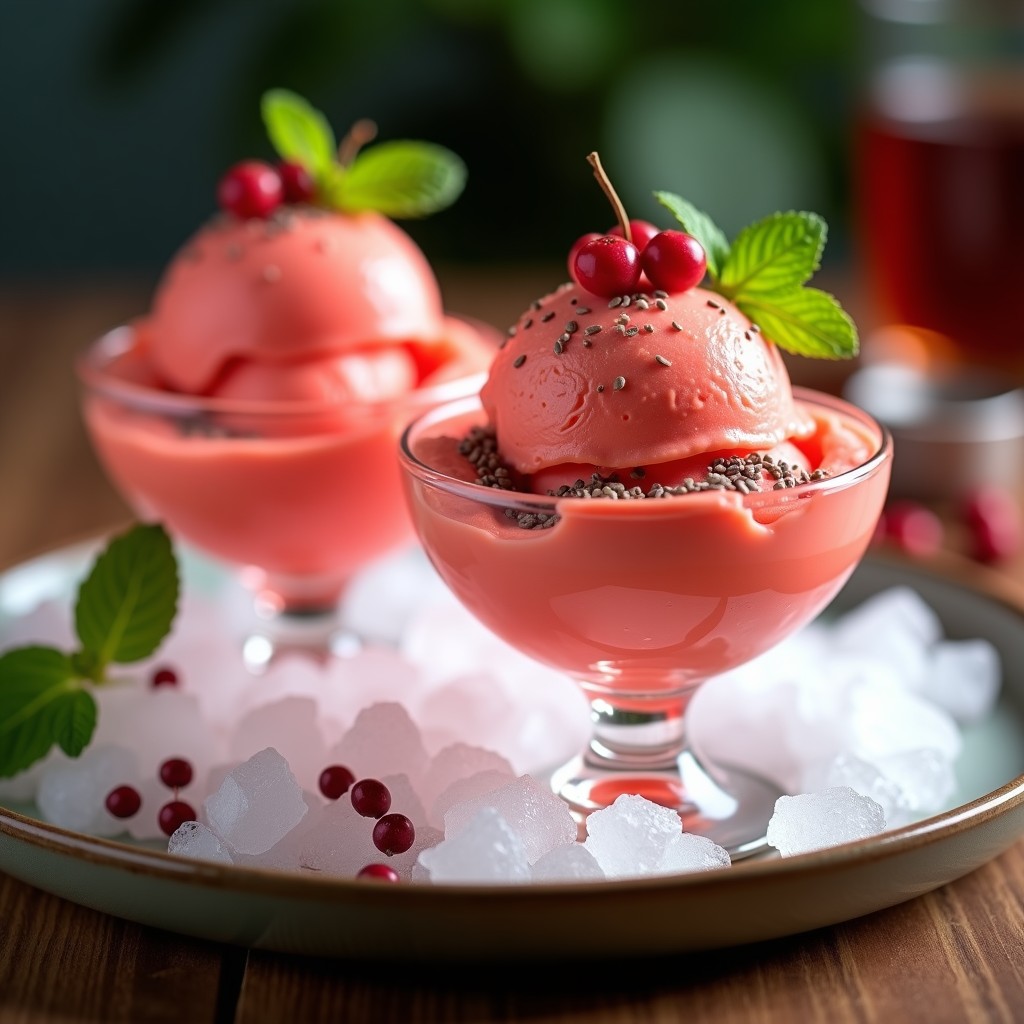 Copas de cristal con helado de acerola y pimienta rosa sin azúcar, decorado con semillas de chía y hebras de pimienta rosa sobre hielo picado, fondo borroso con hojas de menta.
