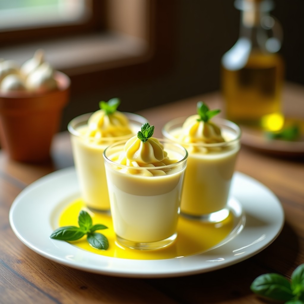 Helado de aglio e olio vegano sin azúcar servido en copas transparentes, con almendras fileteadas y un hilo de aceite de oliva virgen extra por encima, sobre un fondo rústico de madera.