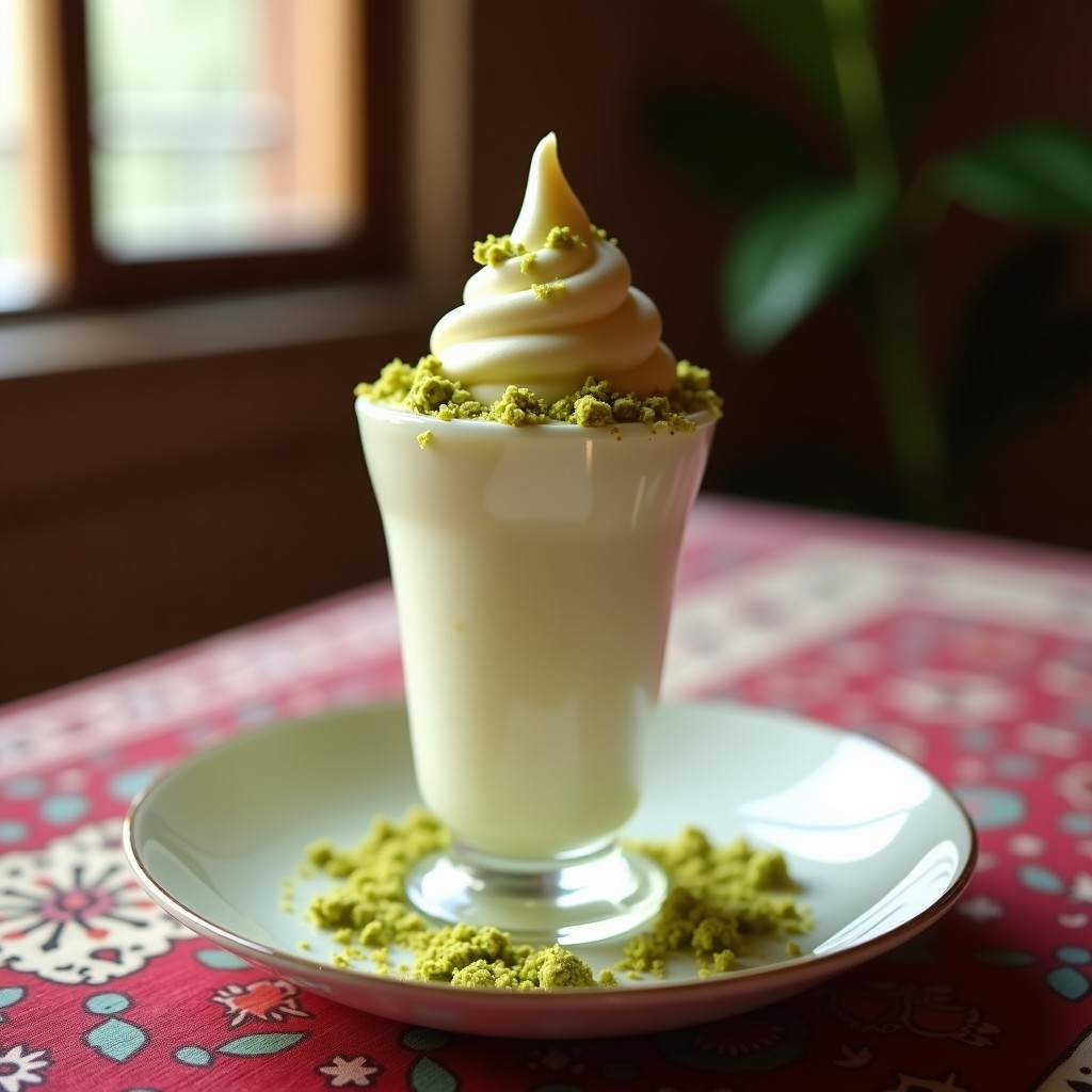 Copa de cristal alta con helado cremoso de color blanco marfil, decorado con pistachos picados verdes y un hilo de agua de rosas. Fondo borroso con texturas persas y luz natural.