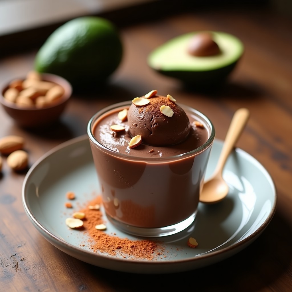 Copa de cristal transparente con helado de aguacate y cacao crudivegano sin azúcar, textura cremosa y color chocolate oscuro, decorado con semillas de chía y un toque de cacao en polvo espolvoreado. Fondo rústico con hojas de menta y una pizca de canela.