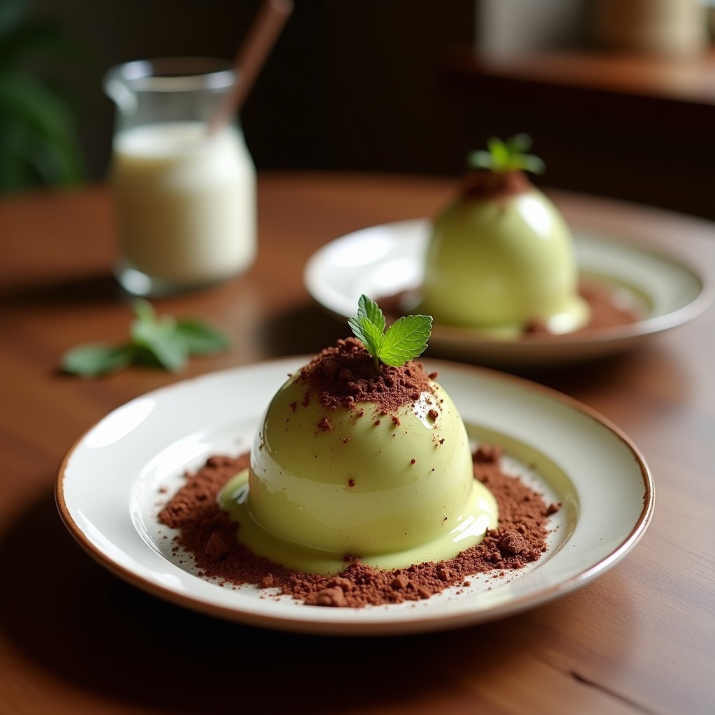 Helado de aguacate y cacao con endulzante de dátil servido en un cucurucho de barquillo, decorado con coco rallado y semillas de chía, sobre un fondo de madera oscura con hojas de menta fresca.