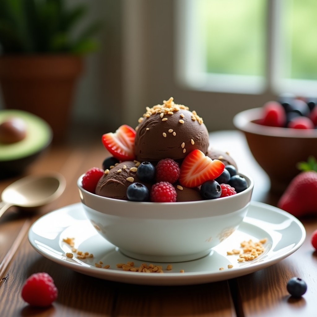 Helado de Aguacate y Cacao con Toppings de Frutos Rojos: Postre Vegano Sin Azúcar y Alto en Grasas Saludables