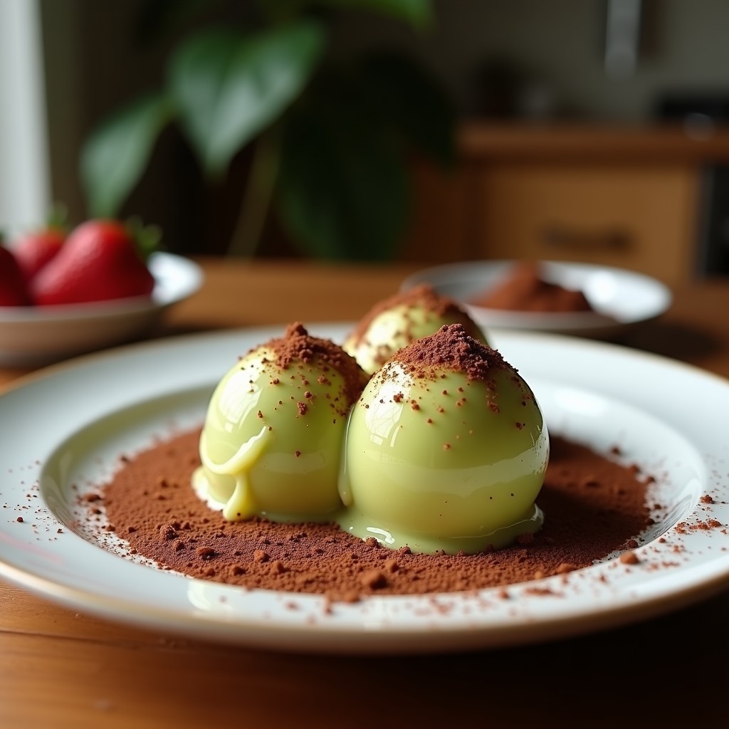Copa de helado cremoso de color chocolate oscuro con textura sedosa, servido sobre un plato blanco con virutas de cacao puro espolvoreadas. Postre keto sin lácteos en 3 ingredientes.