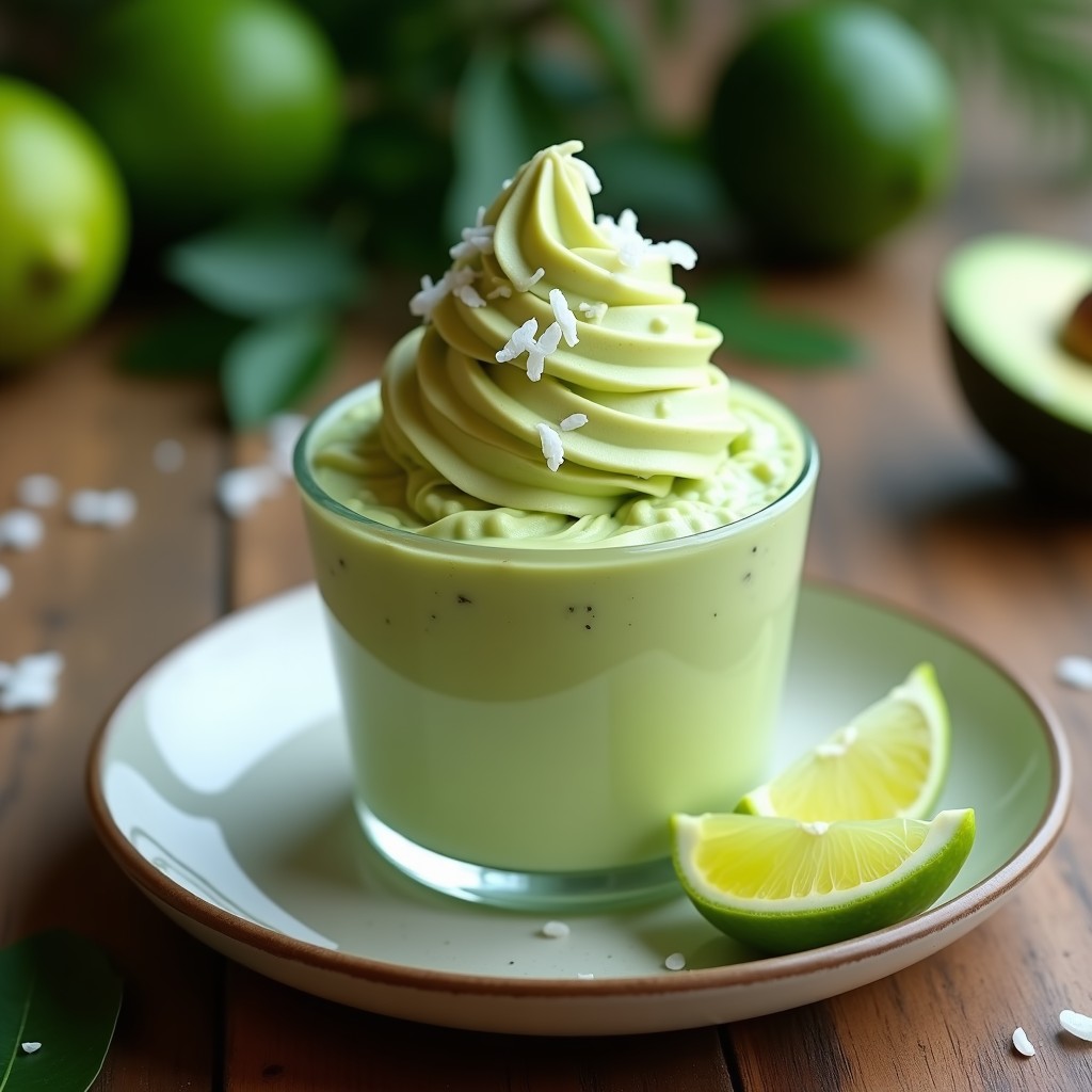 Helado de aguacate y lima vegano sin azúcar servido en copa de cristal transparente, con vetas de coco rallado y rodajas de lima fresca como decoración. Textura cremosa y color verde claro vibrante, sobre fondo de madera rústica con hojas tropicales.