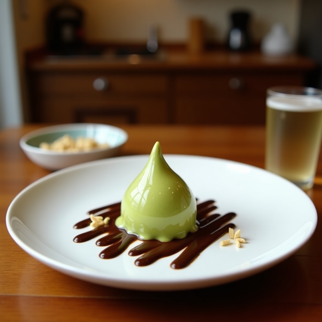 Helado cremoso de color verde suave con vetas de matcha, servido en un cucurucho de barquilla oscuro, bañado con cobertura brillante de chocolate negro 90% y decorado con semillas de chía. Plato de fondo minimalista con hojas de menta.