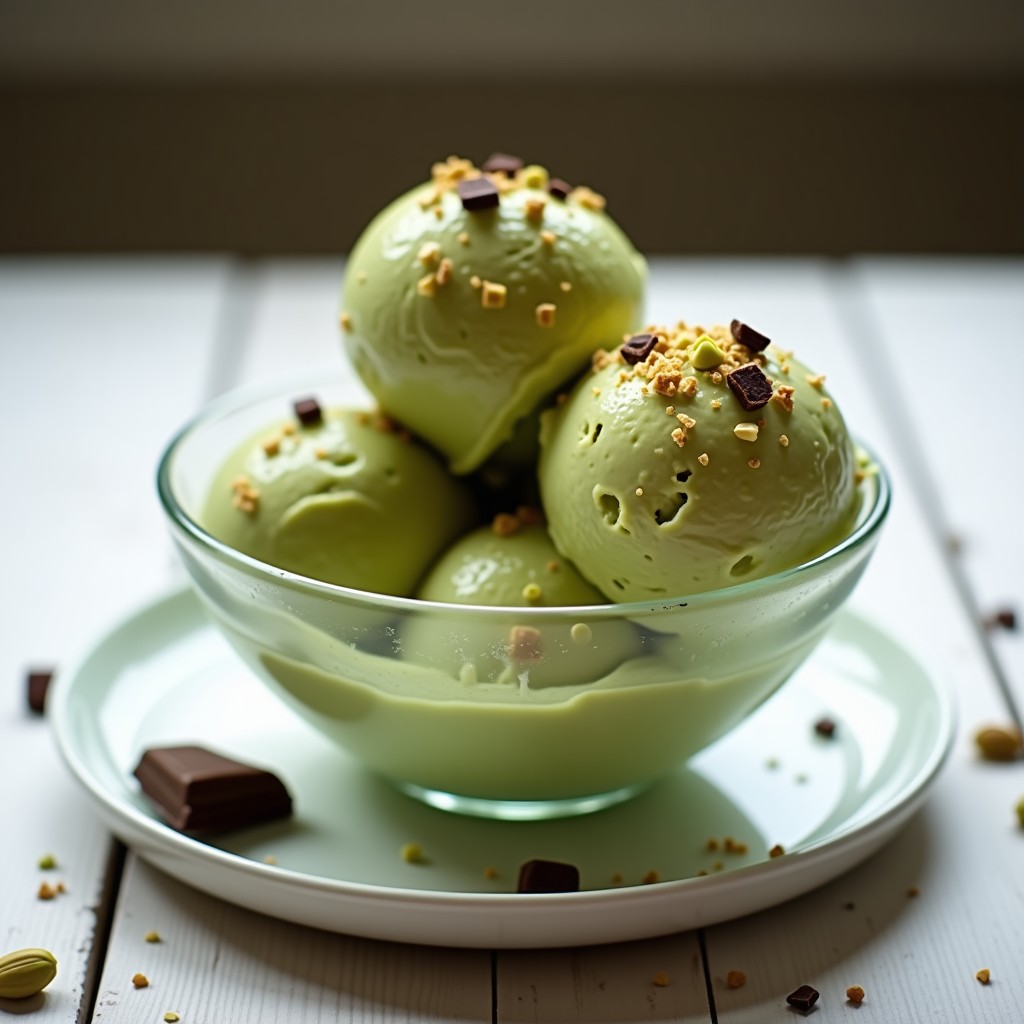 Copa de cristal con helado de aguacate y pistacho keto, color verde cremoso con trozos de pistacho tostado en la superficie, servido sobre una mesa de madera con pistachos enteros y hojas de menta como decoración.