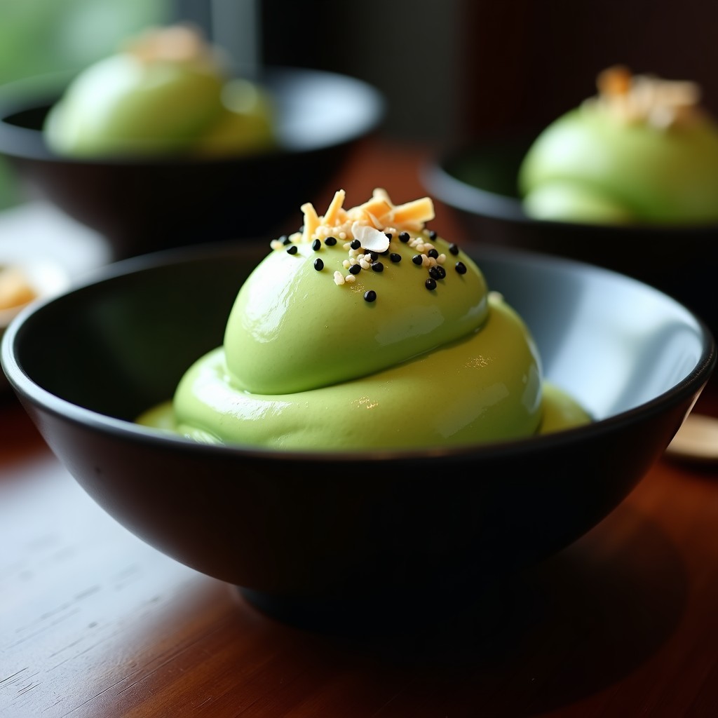 Helado de aguacate y wasabi servido en copas de cristal transparente, con textura cremosa y color verde pálido. Decorado con semillas de sésamo negro tostadas y un toque de pasta de wasabi al lado. Fondo minimalista con elementos japoneses como una cuchara de madera y hojas de bambú.